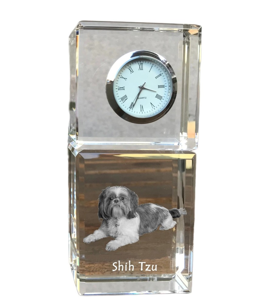 Shih Tzu - Crystal Clock With Photo, Dog Image In Crystal, Personalized Desk