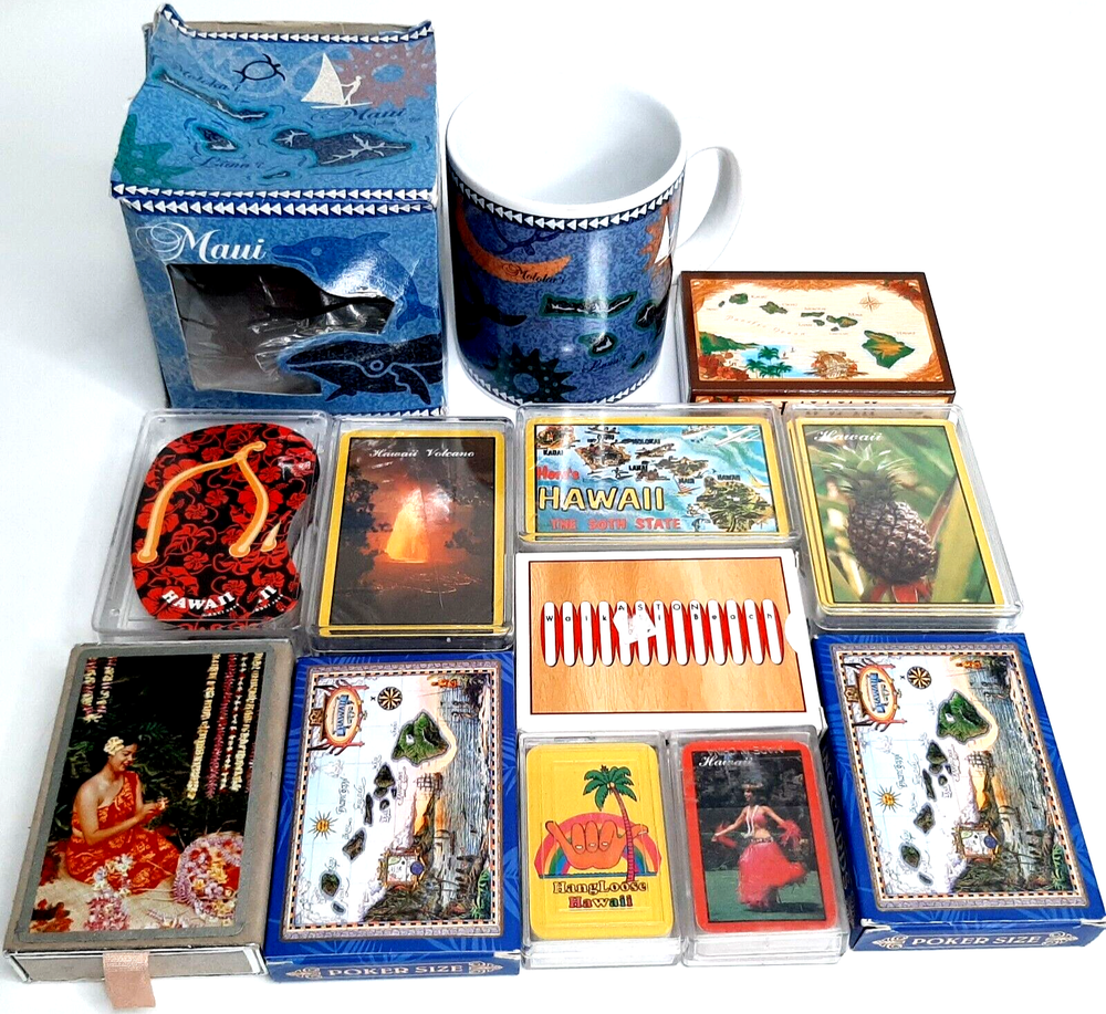 Hawaii Playing Cards Bundle Lot of 11 Decks & Maui Mug Hawaiian Islands, Hula