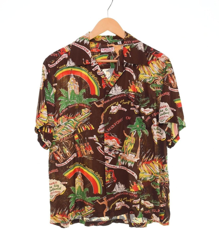 Sun Surf Hawaiian Aloha Shirt HISTORY OF THE ISLAND Rayon Men Size M Japan Used