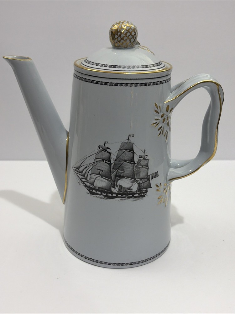 Copeland Spode Trade Winds Ships Black Gold Trim Small Coffee Pot & Lid 7.75” T