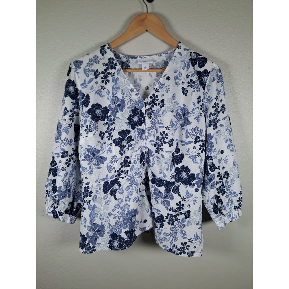 Liz Claiborne Blue White Floral V-Neck Button Front Blouse Top Large 3/4 Sleeve