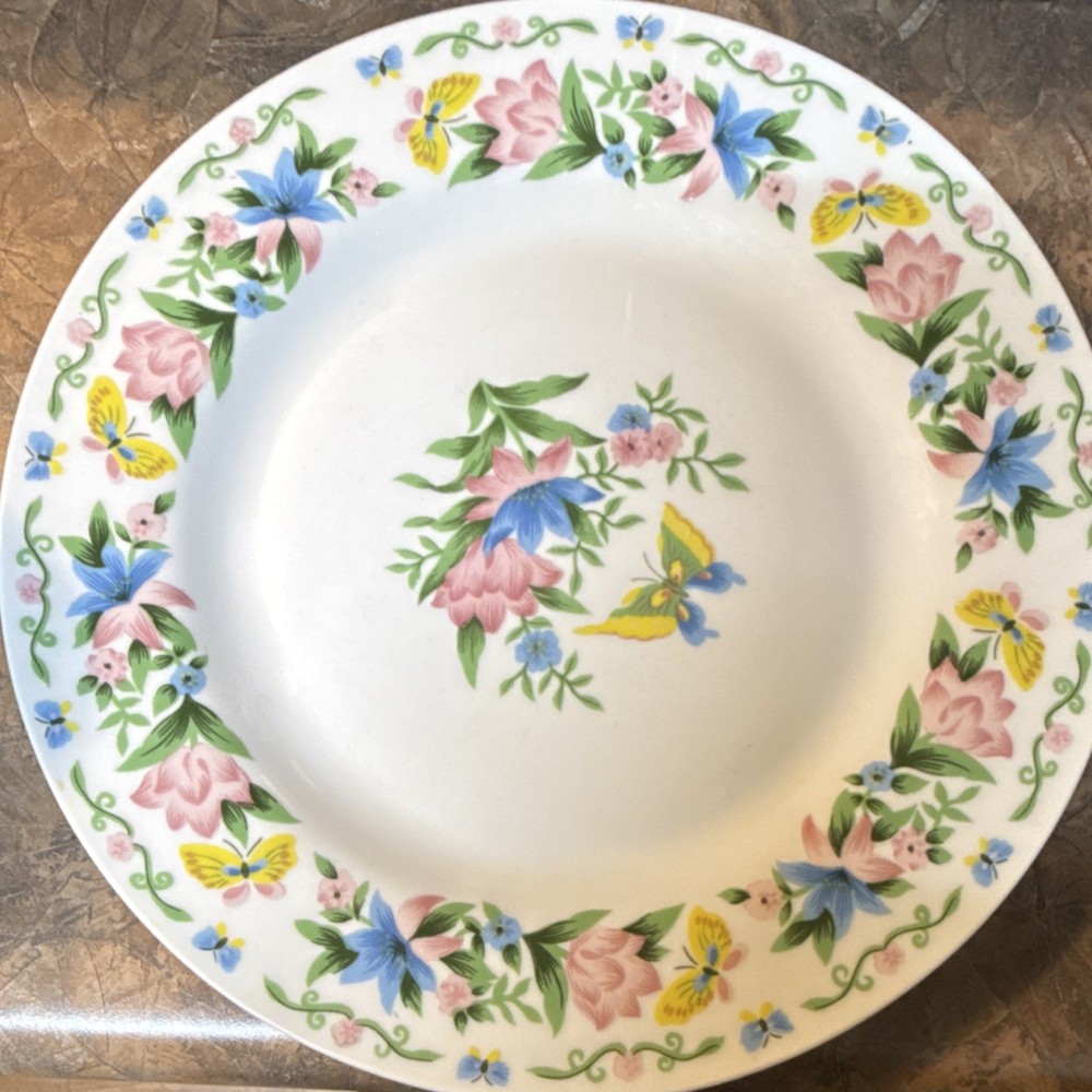 Ceramic Dinner Plate Multicolor Floral Butterflies Pottery Round Glossy