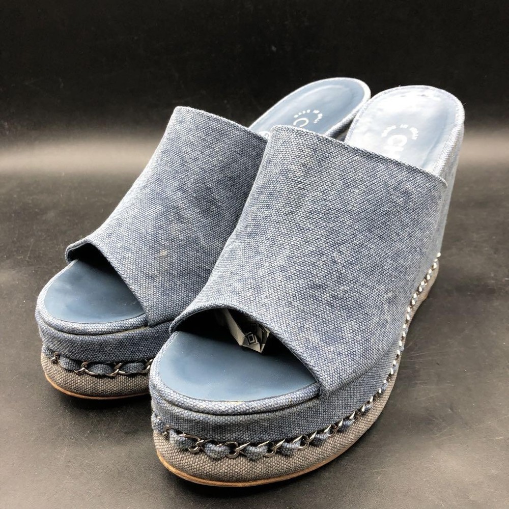 Chanel CC Logo Denim Wedge Sandals with Blue Chain Trim Size 36.5
