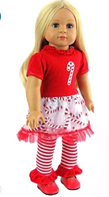 Candy Cane Tutu Dress with Red Shoes for 18-Inch Dolls Holiday Outfit