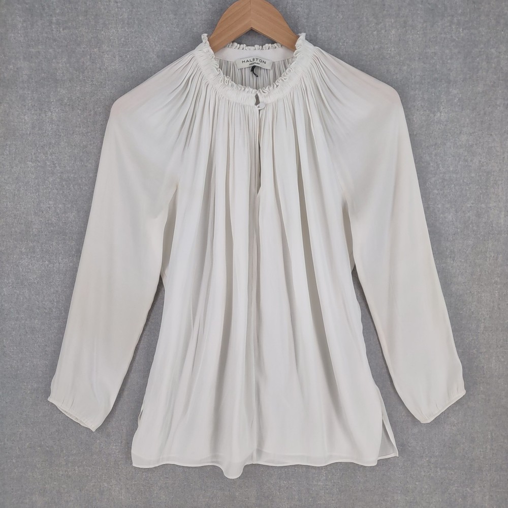 Vintage Halston Heritage Blouse Small White Long Sleeve Ruffle Neck Keyhole Top