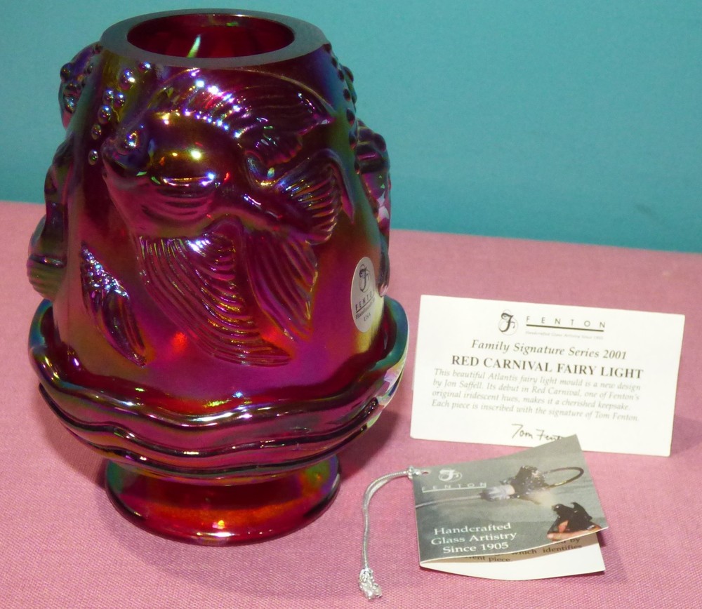 2001 Fenton Red Carnival Glass Fairy Light Lamp Atlantis Koi Fish