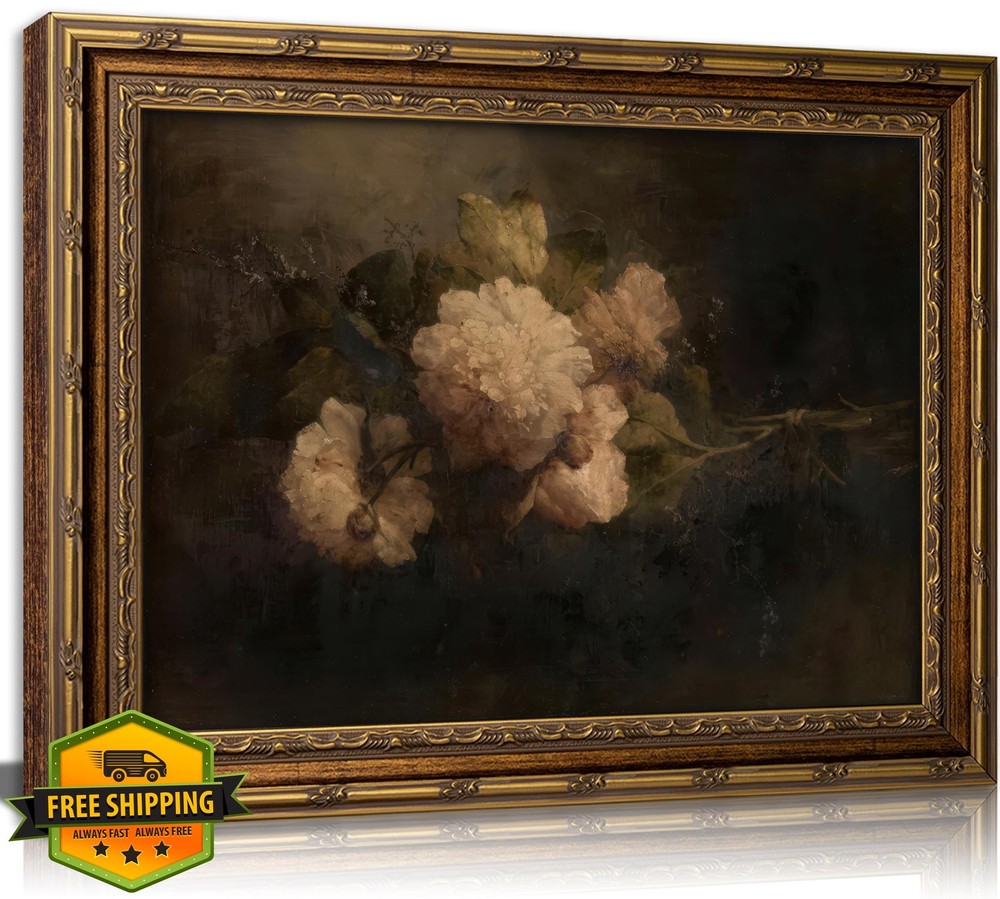 Gold Frame Moody Floral Art Dark Flower Oil Painting Canvas Print