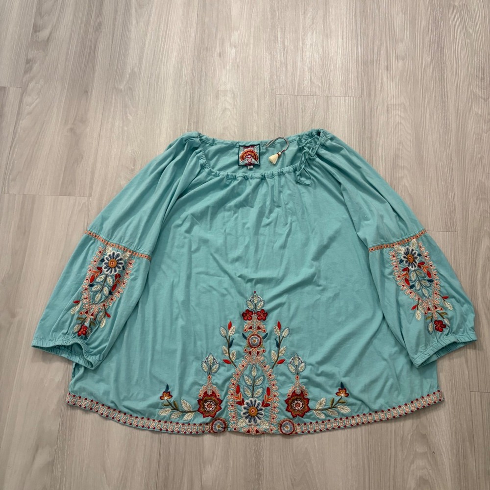 Johnny Was Women Blouse Turquoise Blue Embroidered Floral Peasant Boho Top 2X