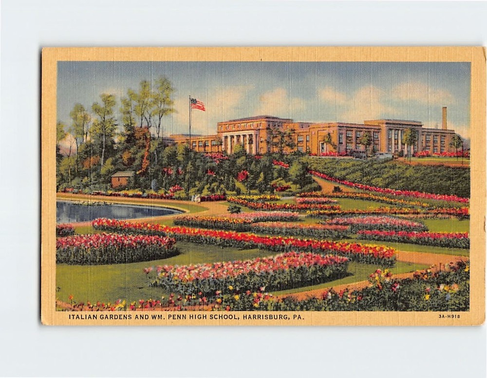 Postcard Italian Gardens & WM Penn High School Harrisburg Pennsylvania