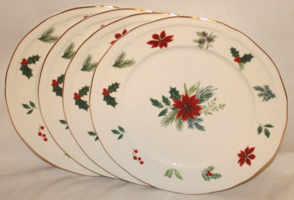 Grace Teaware Poinsettia & Holly Rimmed Porcelain Dinner Plates Set of Four New