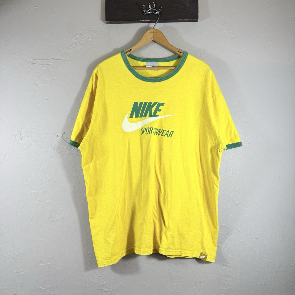 Nike Ringer Spellout Shirt Mens XXL Center Swoosh Y2K Vintage Yellow Green