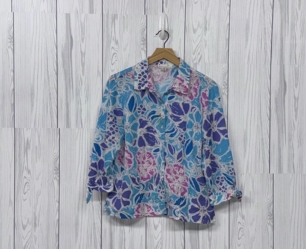 JM Collection button up shirt womens 12 petite long sleeve blue floral patterned