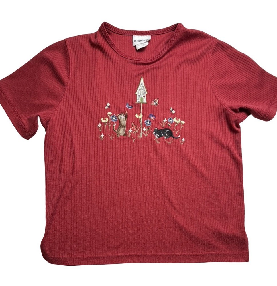BonWorth Petite Small Red Ribbed Cat Embroidered Shirt Cottagecore Birdhouse Top
