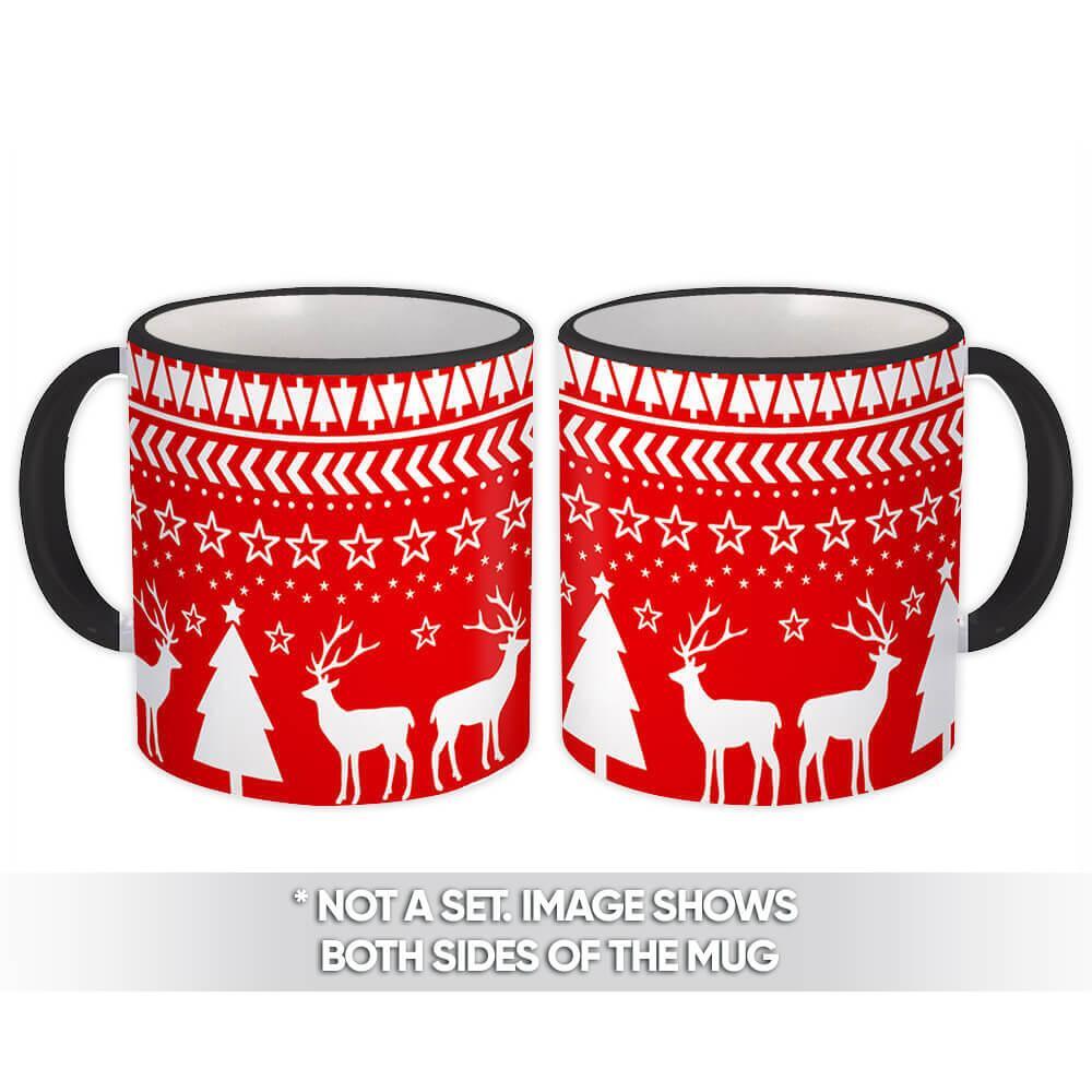 Gift Mug : Reindeer Scandinavian Style Folk Pattern Vintage Christmas Decor