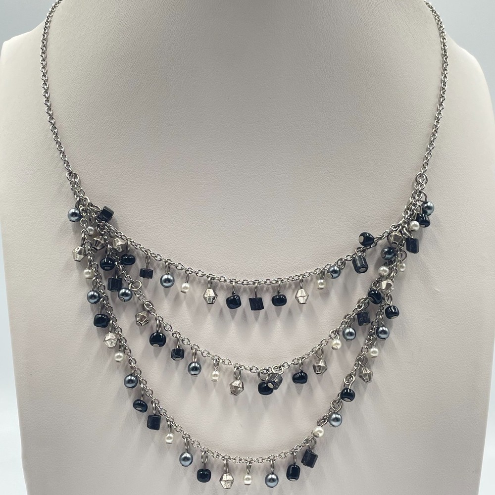 VTG Multi Strand Dangle Charm Necklace Silver Tone Black White Gray Beaded Retro