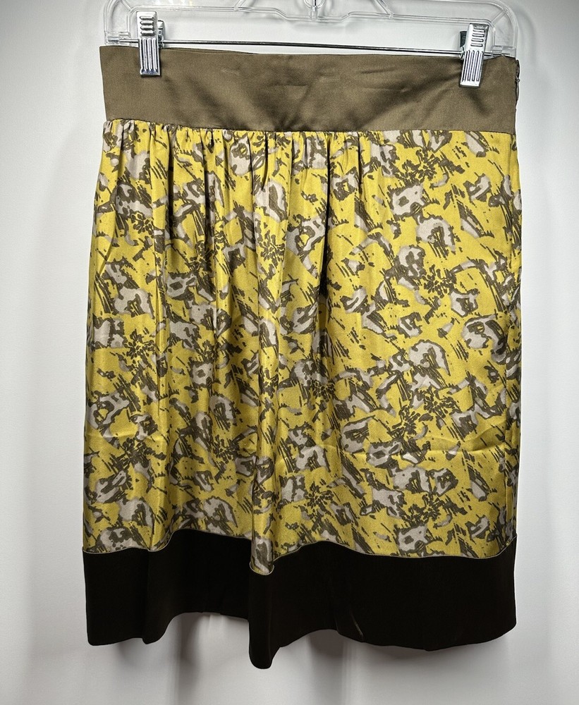 ETRO Women’s 100% Silk Olive Yellow Floral Printed A-line Skirt Size 42