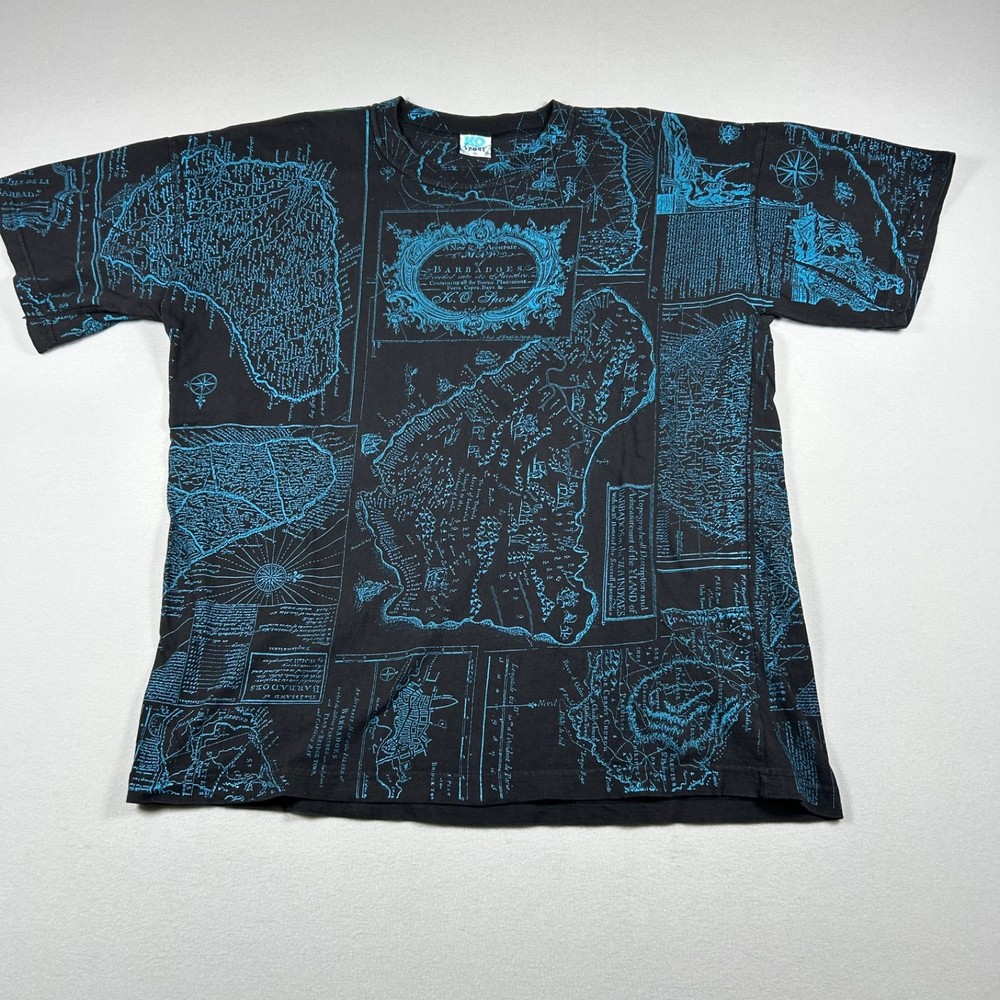 KO Sport Barbados Map All Over Print T-Shirt Mens XL Black Blue Caribbean