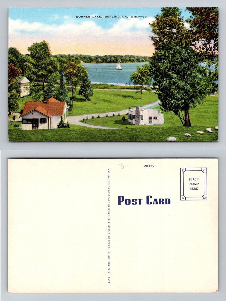 Burlington, WI-Wisconsin, Bohner Lake Scenic View with Sailboat Vintage Postcard