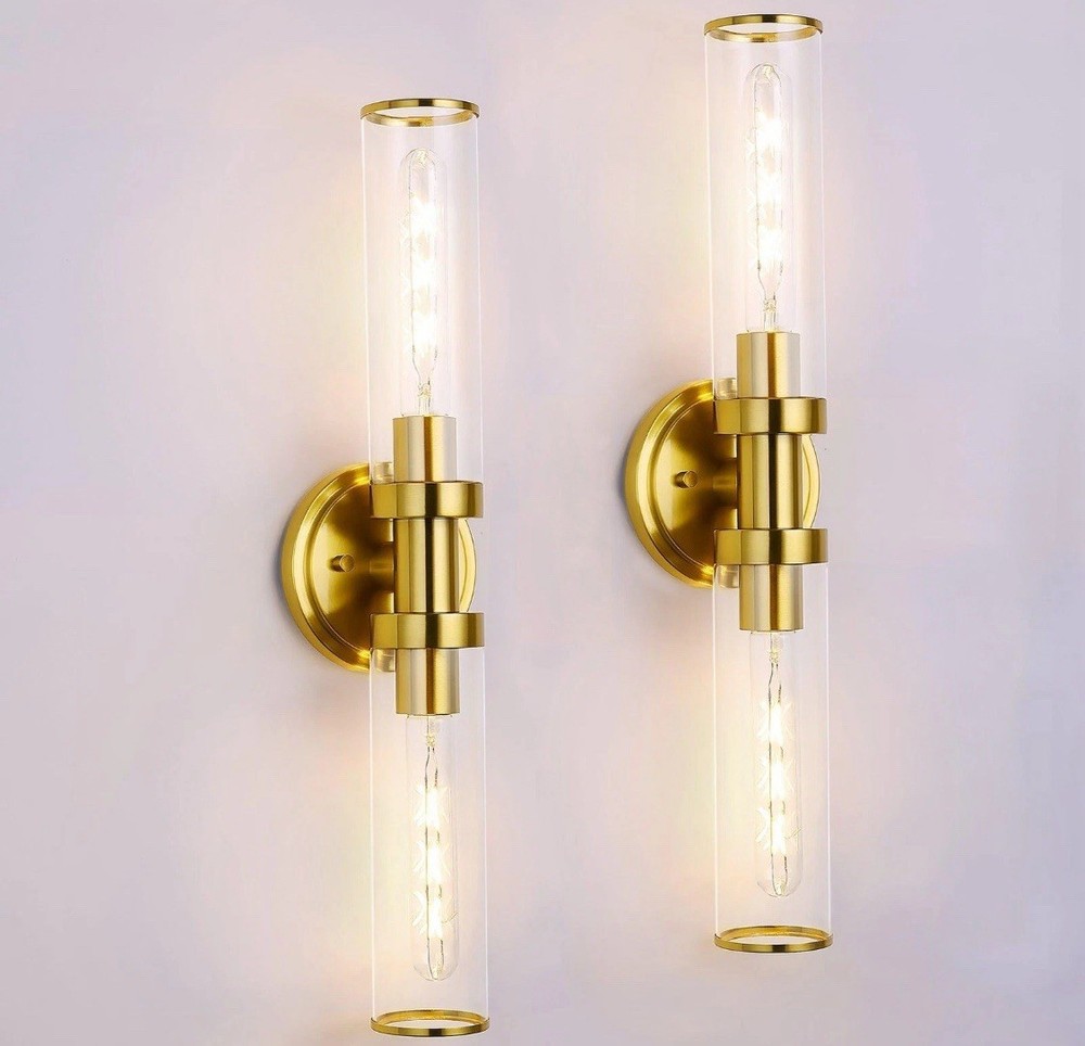 Modern Brass LED Wall Sconce Set of 2 Glass Tube Bathroom Vanity Light Fixture