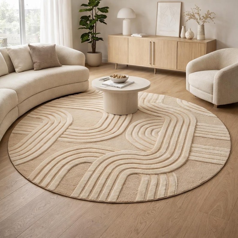 Hand Tufted Round Wool Rug | Beige Geometric Area Rugs | Modern Minimalist