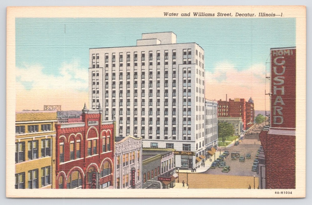 Linen~View Of Water & Williams Street~Decatur Illinois~Art Colortone~Vintage PC
