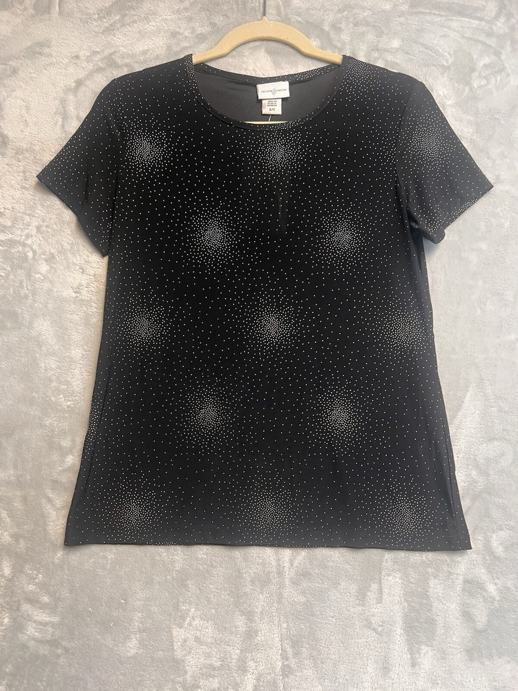 Jaclyn Smith Womens Sz S Short Sleeve Blouse Black Silver Metallic