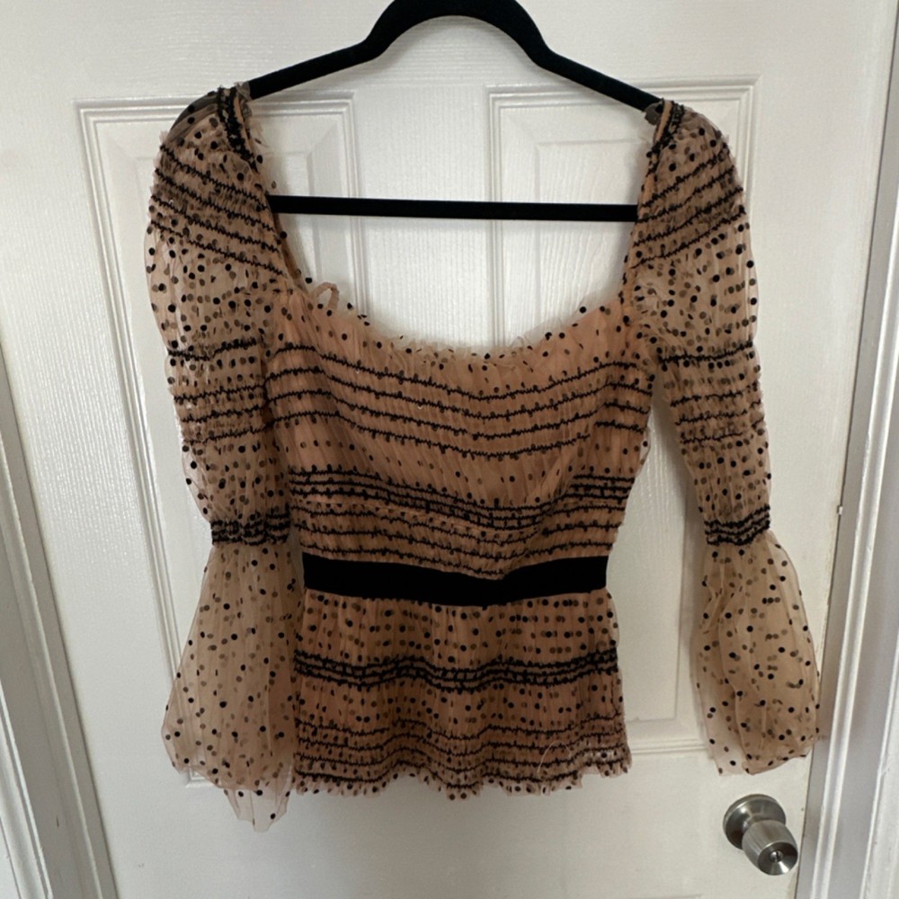 Self-Portrait Beige Mesh Polka Dot Ruffle Sheer Long Sleeve Blouse US 6