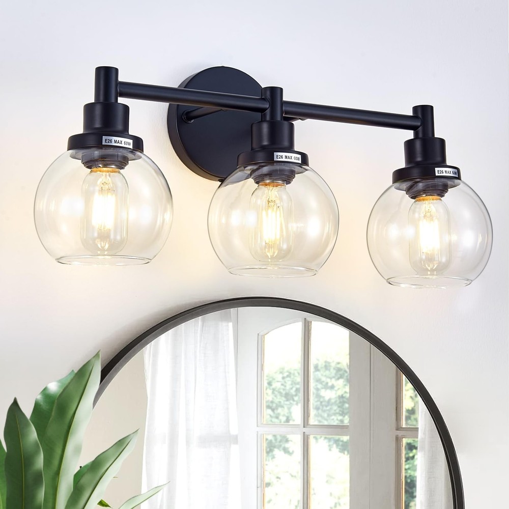 3-Light Bathroom Light Fixture Black Vanity Lights Over Mirror Modern Wall Sc...