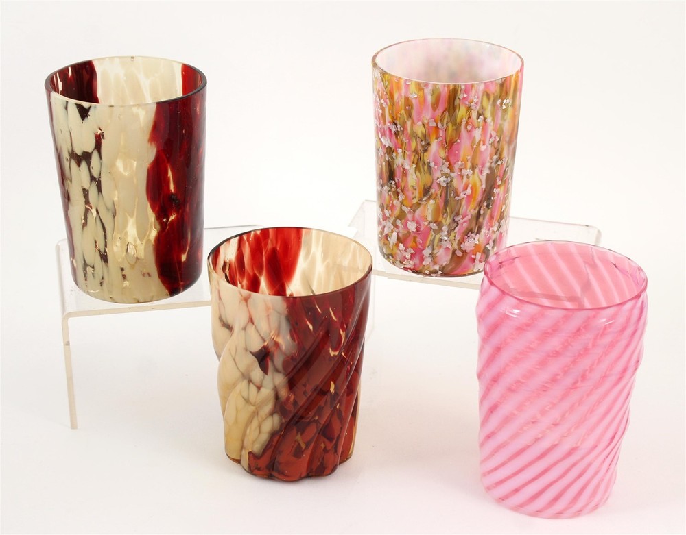 4 Antique Victorian Cranberry Red Pink & White Art Glass Tumbler Glasses NO RES