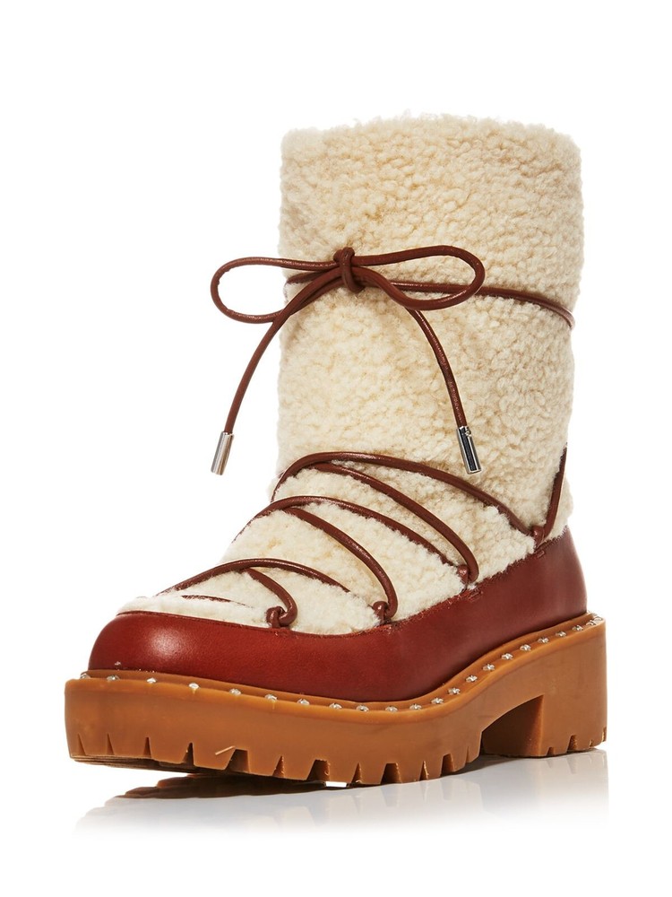 Women's Brown Studded Fuzzy Block Heel Snow Boots Comfort Round Toe Size 8.5 M