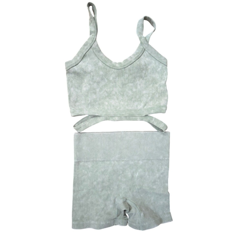 Ribbed Matching Set - Light Green Crop Top & Shorts - M/S - Beach Boho Style