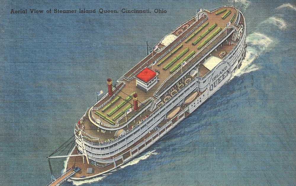 Cincinnati Ohio OH ~ Aerial View of the Steamer Island Queen  Linen UNP Postcard