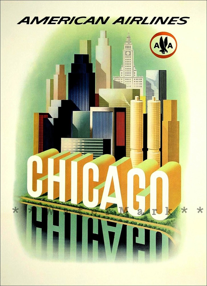 Chicago AA Airlines Vintage Poster Print Retro Travel Tourism Wall Home Decor