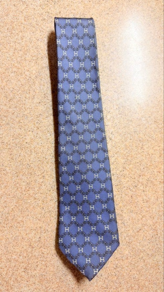 HERMES Necktie Tie Blue 100% Silk Made in France Men's All over H Logo pattern