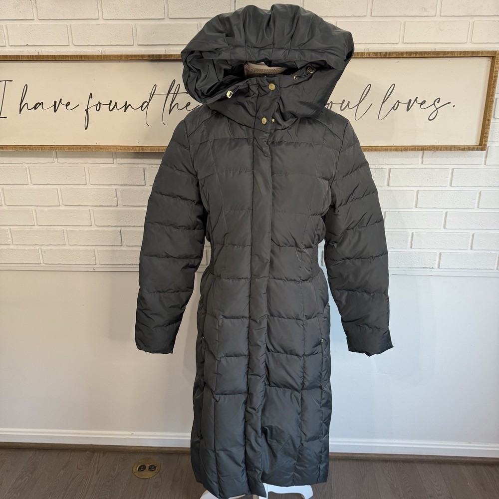 Cole Haan Womens Large Grey Blue Hooded Quilted Taffeta Down Coat