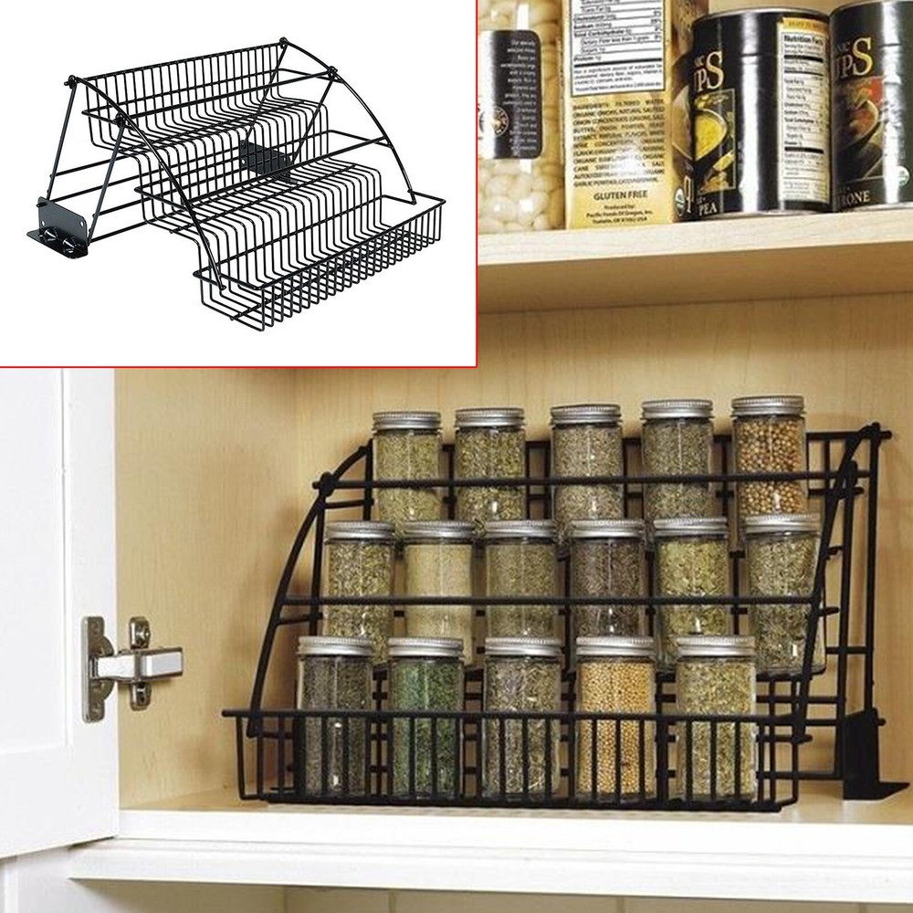 3 Tier Pull Down Spice Rack Organizer - Metal Kitchen Cabinet Storage Shelf