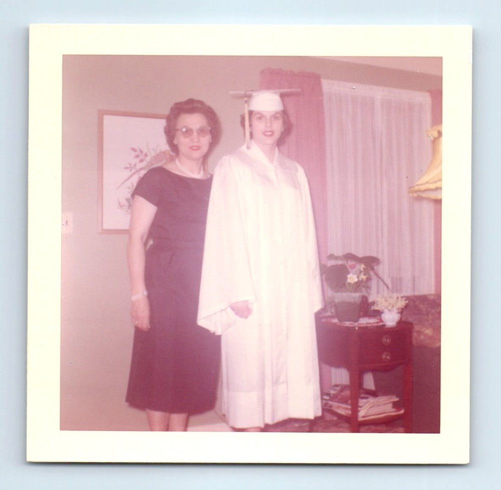Old Vintage Square Color Photo WOMEN PAIR DUO GRADUATION CAP AND GOWN