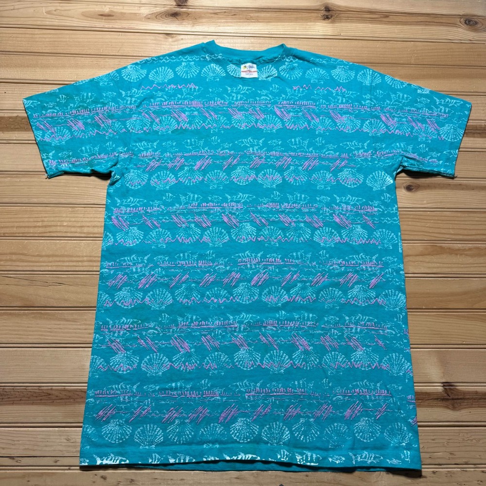 Vintage 90s Seashells Fish Coastal Grandma Nautical Tropical Shirt USA One Size