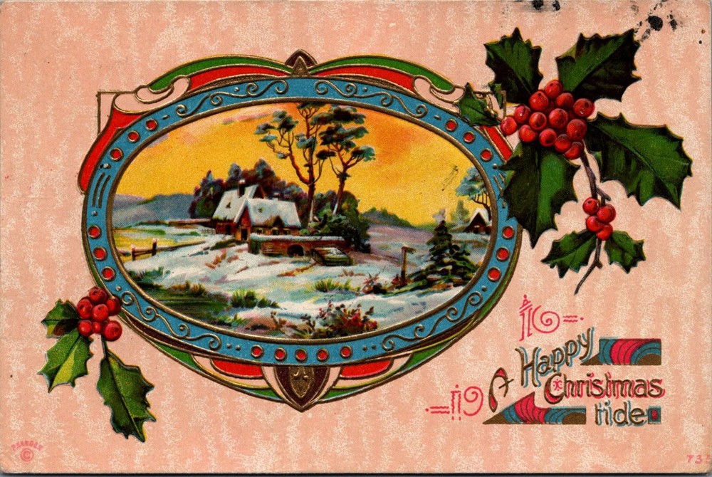 1914 Embossed Christmas Postcard Winter Scene Holly Berries Wyandotte Kansas
