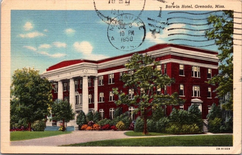 Barwin Hotel, Grenada Mississippi Vintage Linen Postcard c1950