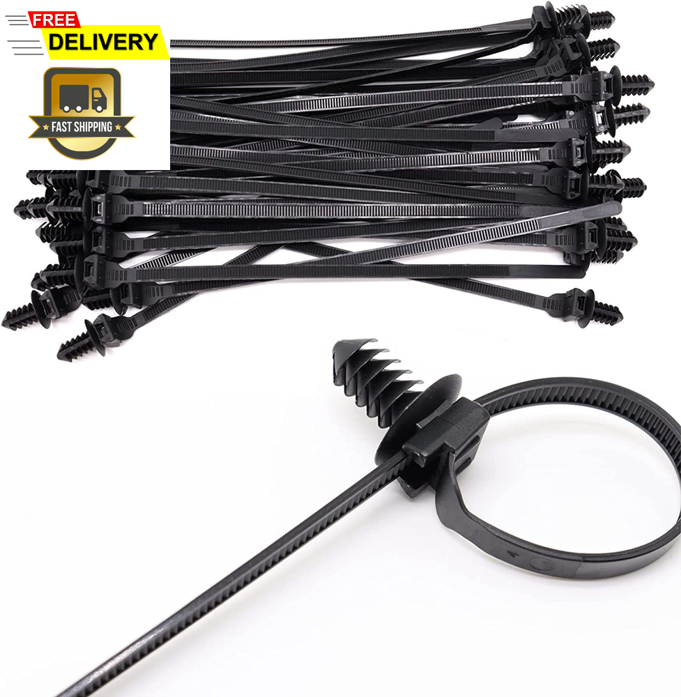 Push Mount Zip Ties, 8 inch Cable Zip Tie Black Wire Tie with Push Pin Fir Tr...