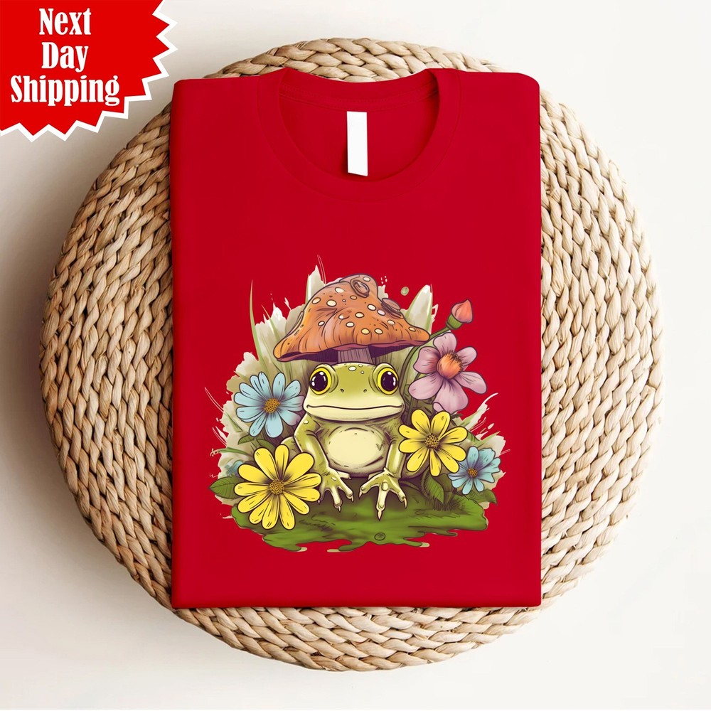 A Frog Sitting On A Mushroom T Shirt Printed Short Sleeve 100% Cotton Unisex Top