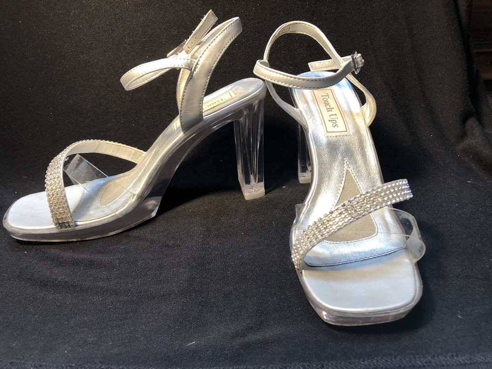 Y2K FORMAL RUNWAY PARTY RHINESTONE BLING 4” HEELED SHOES SANDAL CLEAR, SILVER 7M