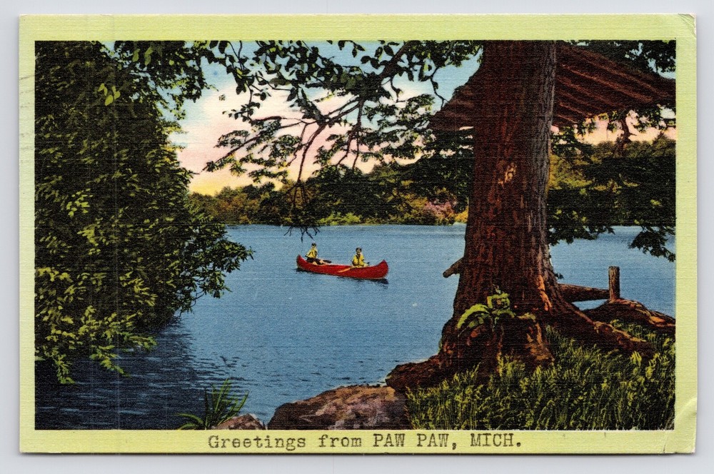 c1940s Greetings Canoe Scenic Lake View Paw Paw Michigan MI Postcard
