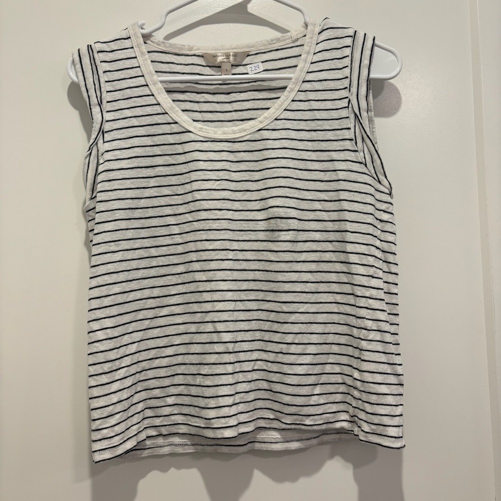 Banana Republic Linen Striped Tank Top Womens Small White Navy Blue Sleeveless