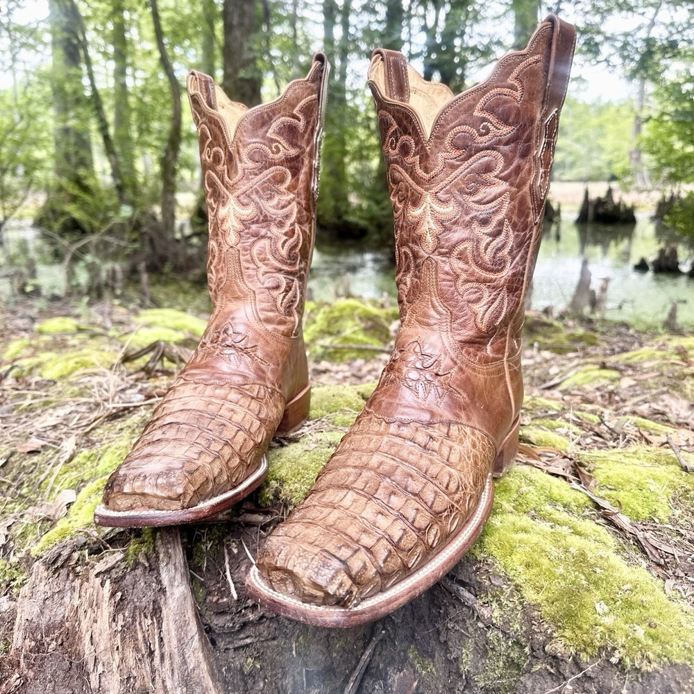 Lucchese Men's Size 9 C Brown Caiman Alligator Square Toe Western Boots