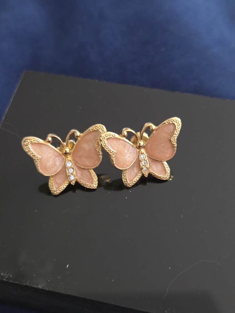 Vintage AVON Earrings Holiday  Gold Tone Butterfly Peach Enamel Stud