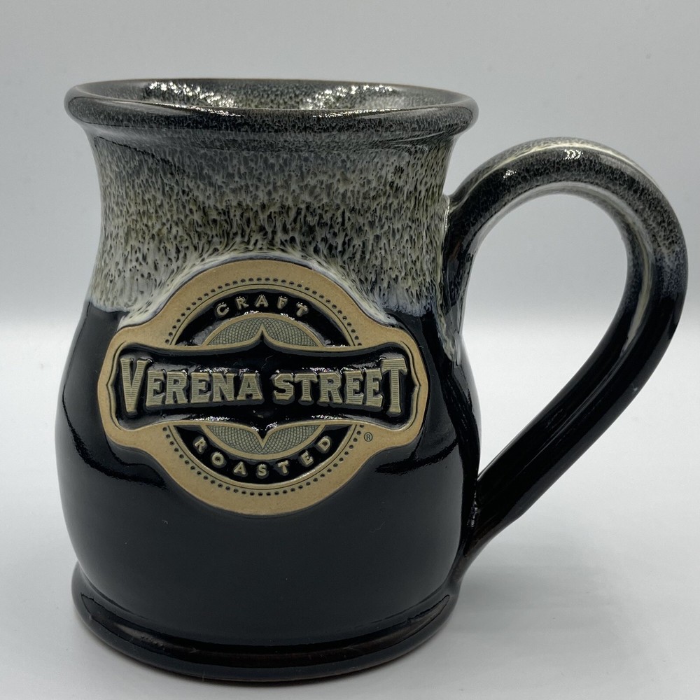 Deneen Pottery “Verena Street Coffee Co.” Black Glaze With Sand Rim Ceramic Mug.