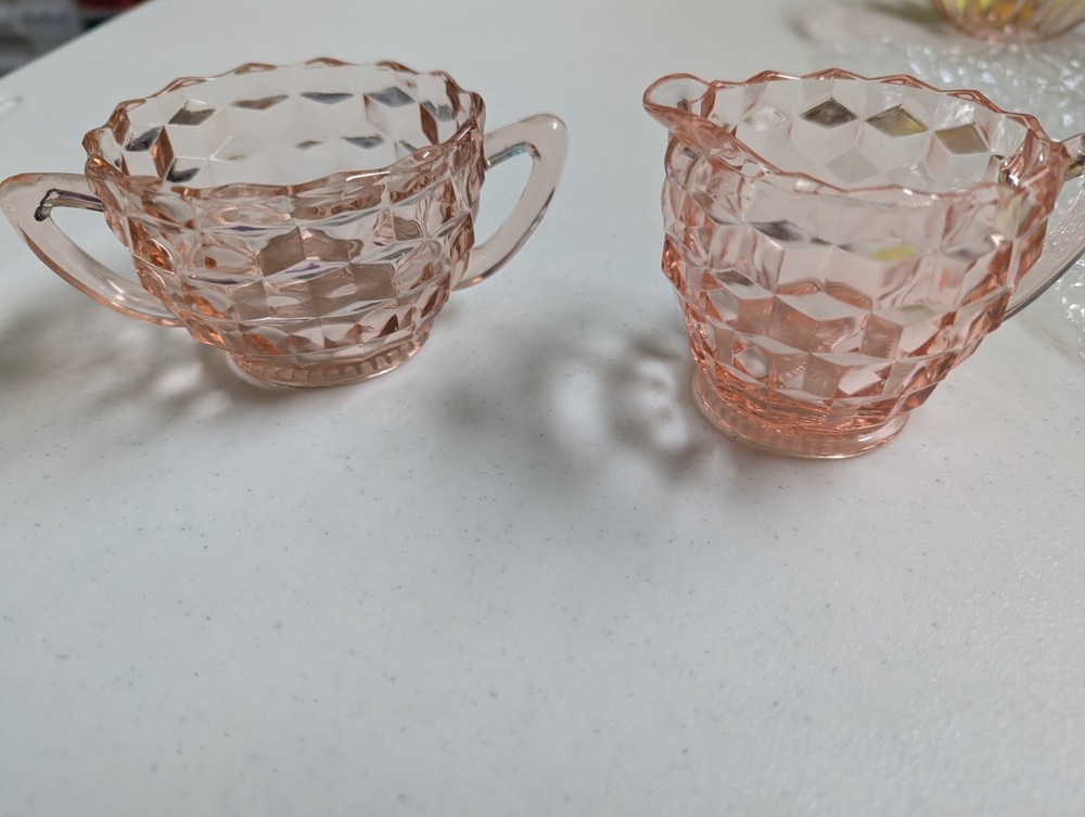 Vintage Jeanette Depression Glass Sugar Bowl & Cream Pitcher Set, Cubist Pink