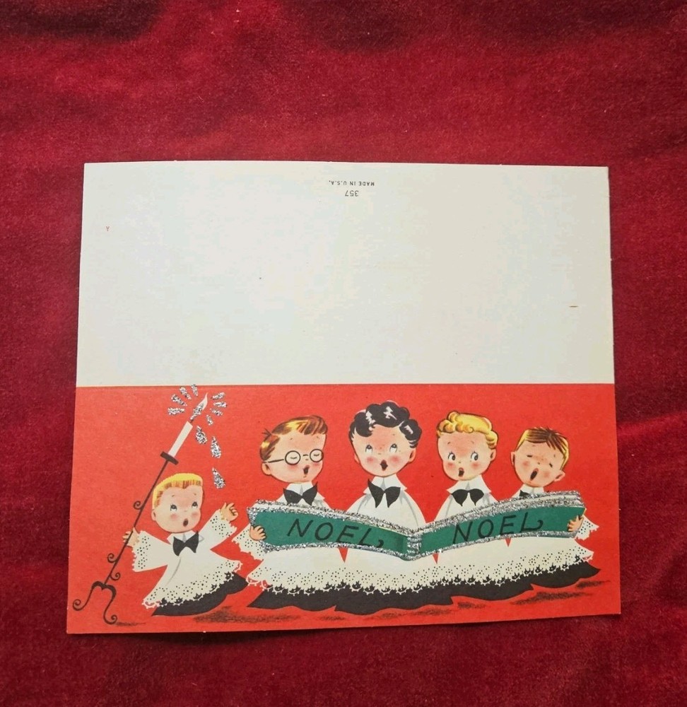 Vintage Choir Boys Christmas Card Glittery Unused FREE US SHIPPING 1950s Mid Cen